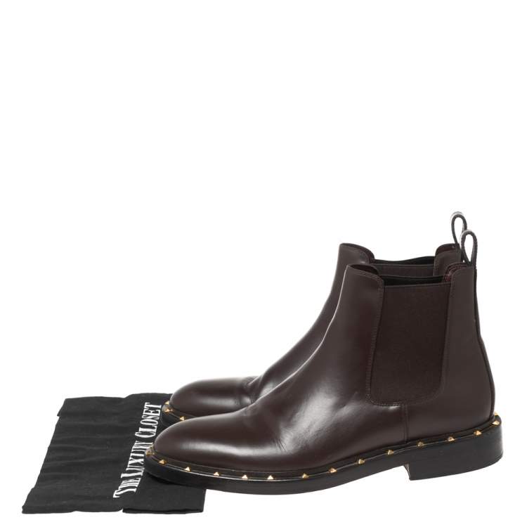 Pre Owned Valentino Dark Brown Leather Studded Chelsea Boots Size 41