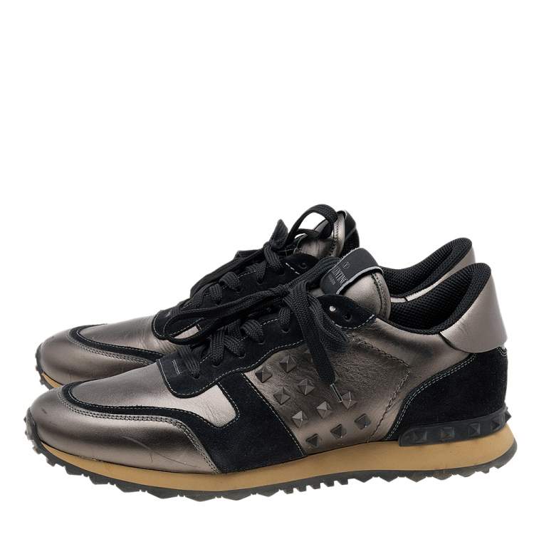 Pre Owned Valentino Metallic/Black Leather And Suede Rockrunner Sneakers Size 44