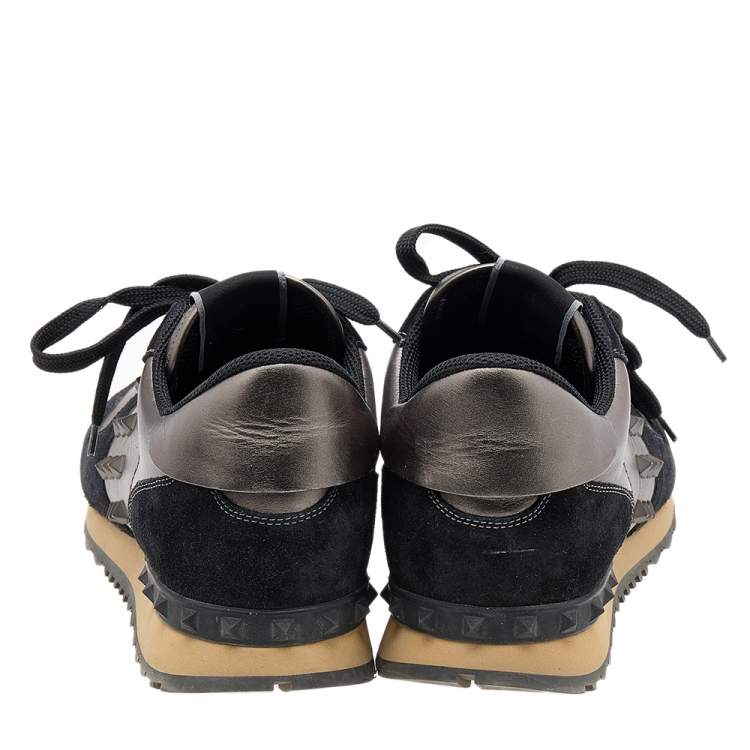 Pre Owned Valentino Metallic/Black Leather And Suede Rockrunner Sneakers Size 44