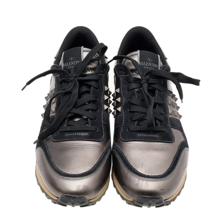 Pre Owned Valentino Metallic/Black Leather And Suede Rockrunner Sneakers Size 44