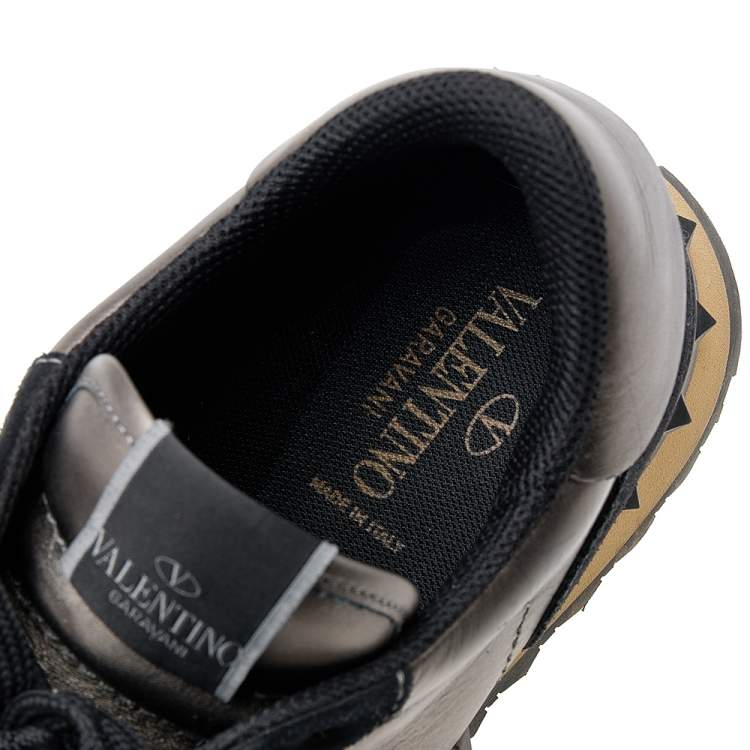Pre Owned Valentino Metallic/Black Leather And Suede Rockrunner Sneakers Size 44