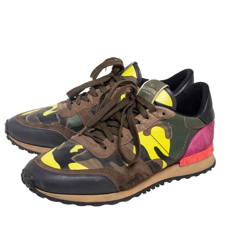 Pre Owned Valentino Multicolor Suede, Canvas and Camo Printed Leather Rockrunner Sneakers Size 41