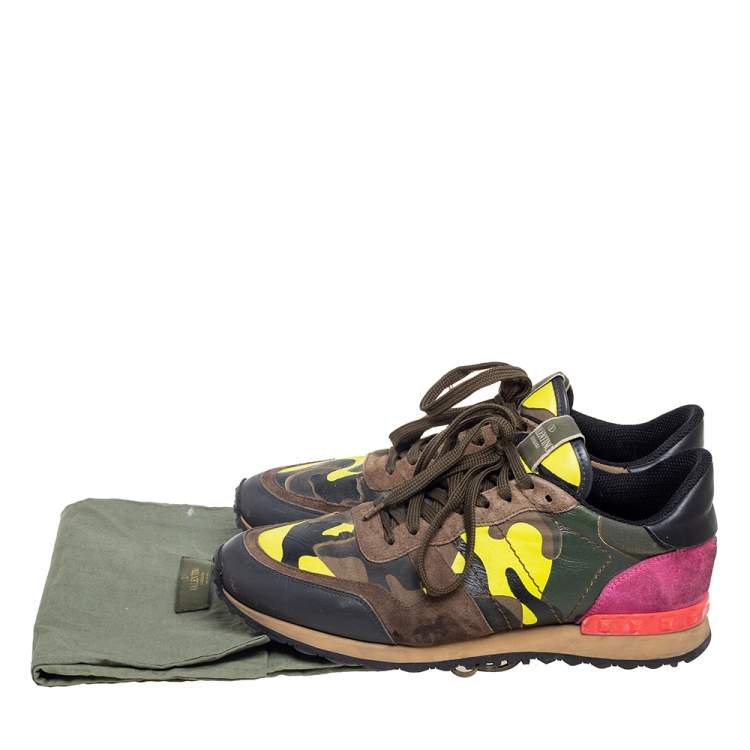 Pre Owned Valentino Multicolor Suede, Canvas and Camo Printed Leather Rockrunner Sneakers Size 41