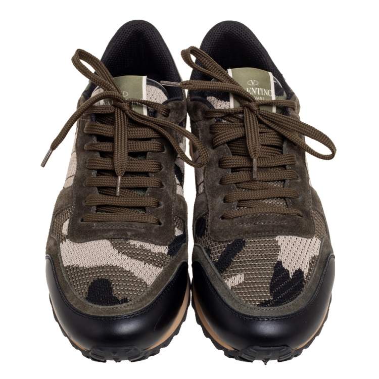 Pre Owned Valentino Army Green Camo Fabric, Suede and Leather Rockrunner Sneakers Size 43.5