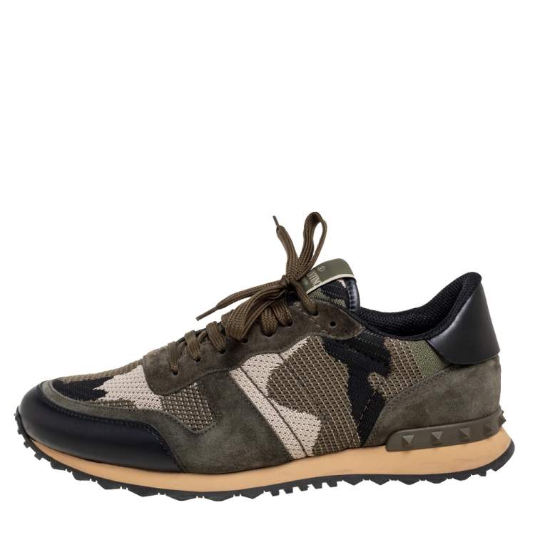 Army Green Camo Suede and Leather Rockrunner Sneakers Size Valentino TLC