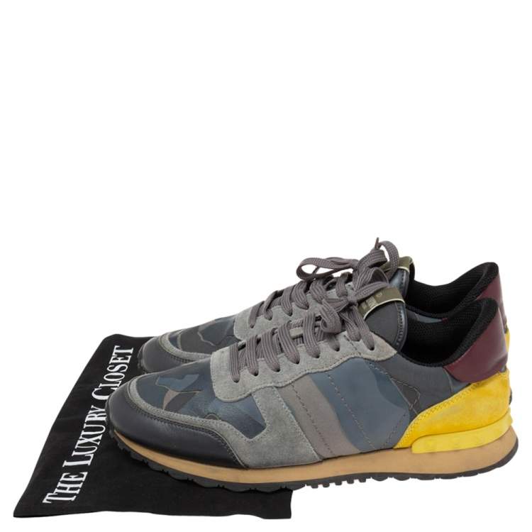 Pre Owned Valentino Yellow/Grey Camo Leather and Suede Rockrunner Low-Top Sneakers Size 42