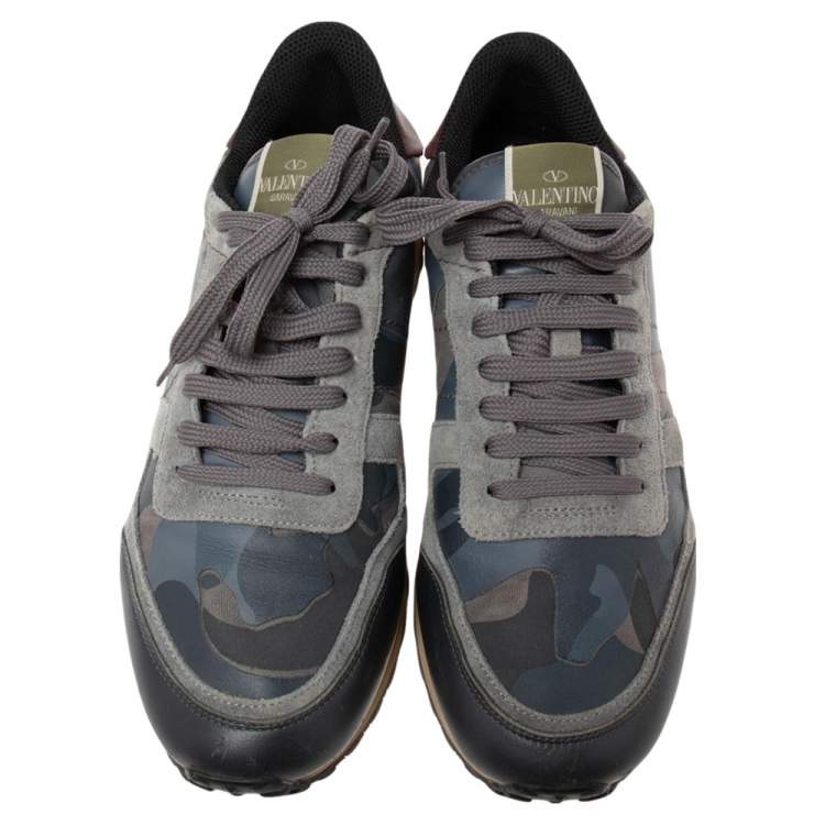 Pre Owned Valentino Yellow/Grey Camo Leather and Suede Rockrunner Low-Top Sneakers Size 42