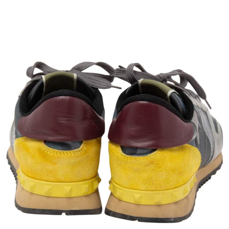 Pre Owned Valentino Yellow/Grey Camo Leather and Suede Rockrunner Low-Top Sneakers Size 42