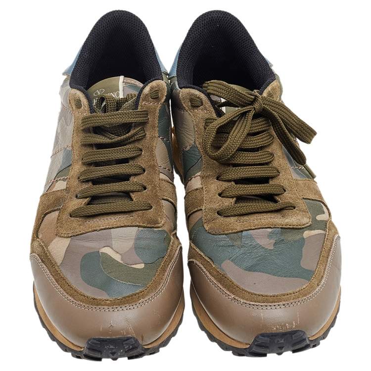 Pre Owned Valentino Multicolor Camouflage Print Leather And Suede Rockrunner Low Top Sneakers Size 41