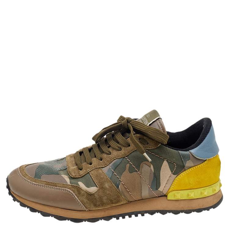 Pre Owned Valentino Multicolor Camouflage Print Leather And Suede Rockrunner Low Top Sneakers Size 41
