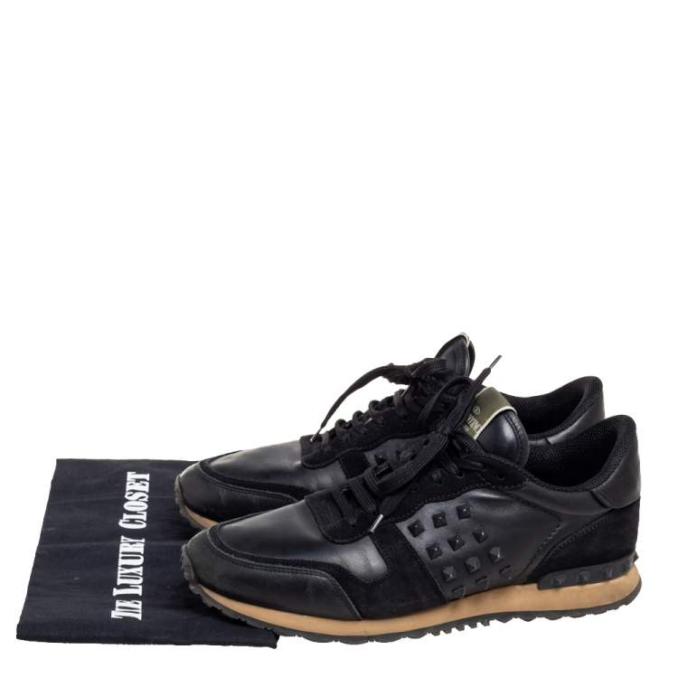 Pre Owned Valentino Black Leather and Suede Rockrunner Sneakers Size 43