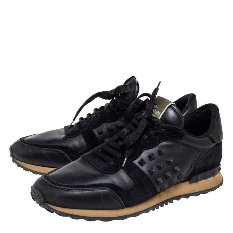 Pre Owned Valentino Black Leather and Suede Rockrunner Sneakers Size 43