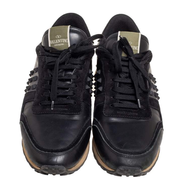Pre Owned Valentino Black Leather and Suede Rockrunner Sneakers Size 43