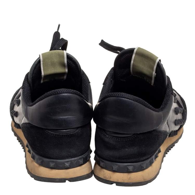 Pre Owned Valentino Black Leather and Suede Rockrunner Sneakers Size 43