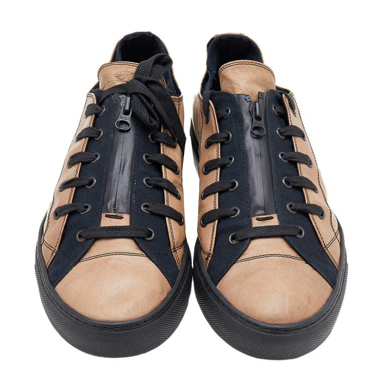 Pre Owned Valentino Beige/Black Leather And Canvas Zip Detail Low Top Sneakers Size 46