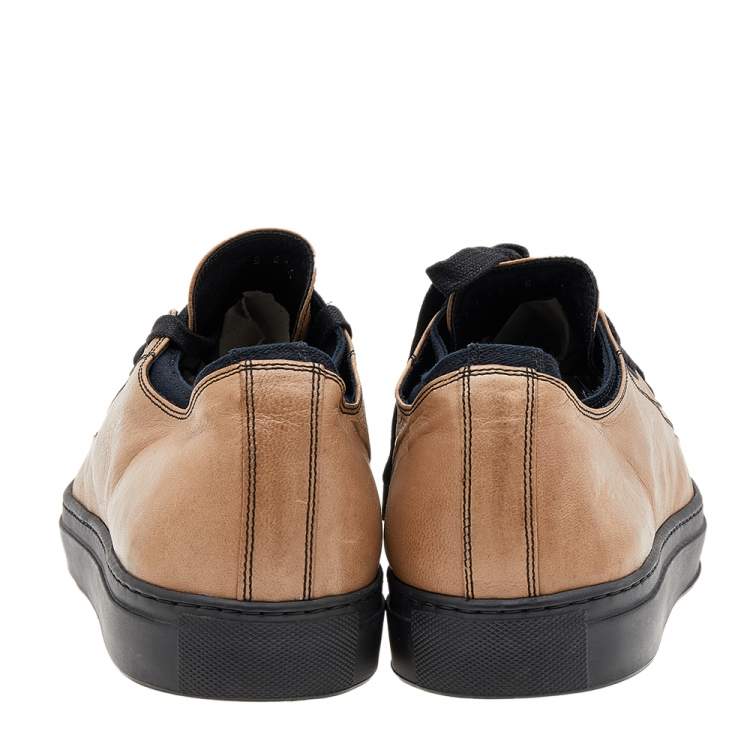 Pre Owned Valentino Beige/Black Leather And Canvas Zip Detail Low Top Sneakers Size 46