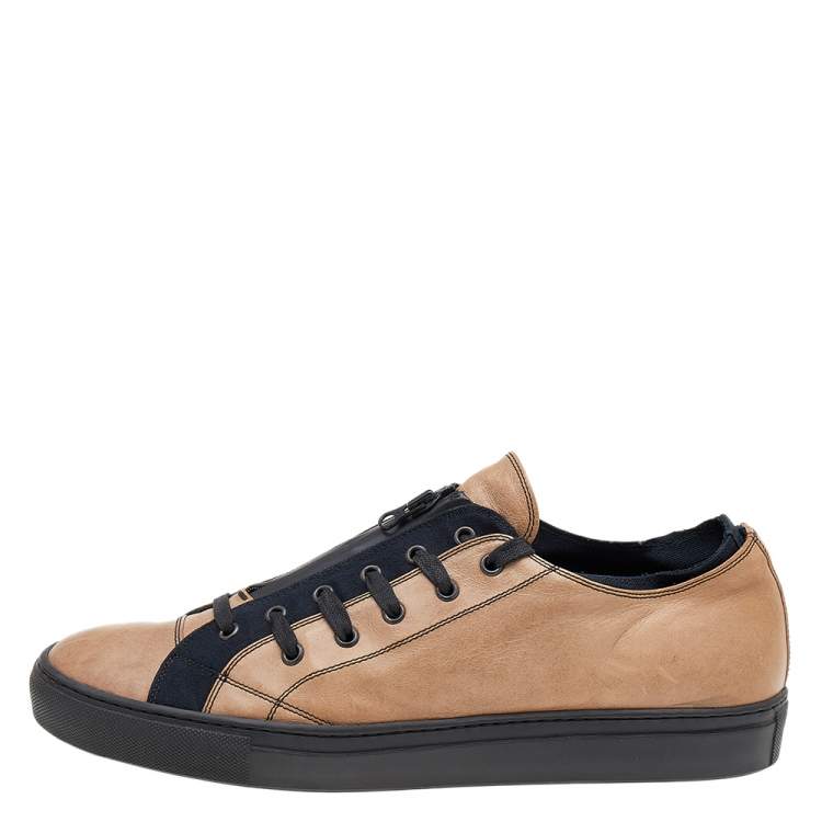 Valentino Beige/Black Leather And Canvas Zip Detail Low Top Sneakers Size Valentino | TLC