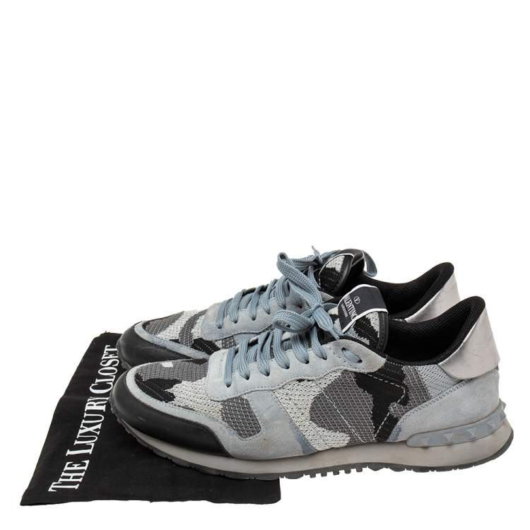 Pre Owned Valentino Multicolor Leather And Suede Rockrunner Camouflage Lace Up Sneakers Size 43
