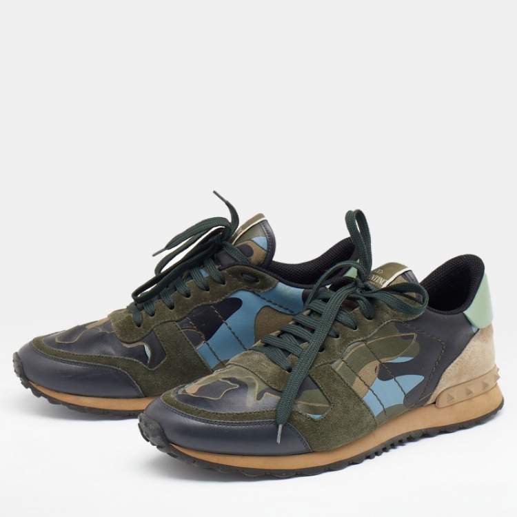 Pre Owned Valentino Multicolor Camouflage Suede And Canvas Rockrunner Low Top Sneakers Size 42