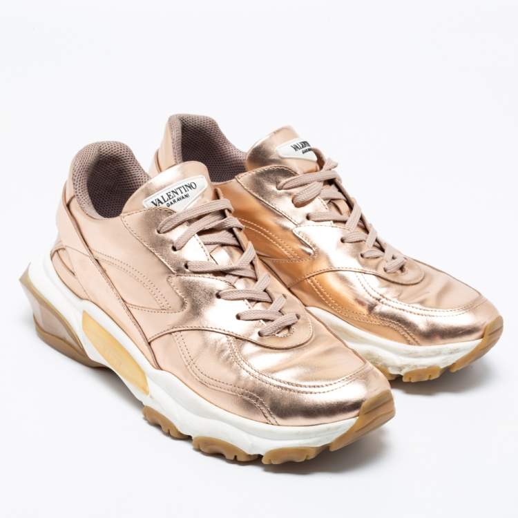 Pre Owned Valentino Metallic Gold Leather Bounce Low Top Sneakers Size 41