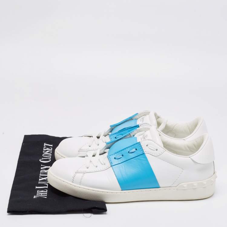 Pre Owned Valentino White/Blue Leather Rockstud Low Top Sneakers Size 42