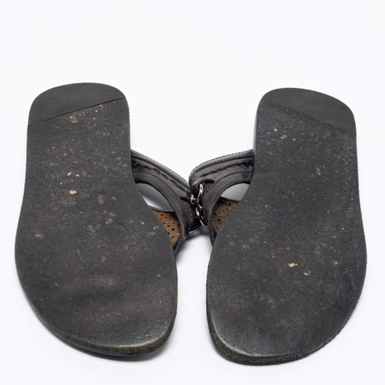 Pre Owned Valentino Black Leather V Logo Thong Sandals Size 40 