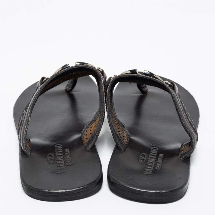 Pre Owned Valentino Black Leather V Logo Thong Sandals Size 40 