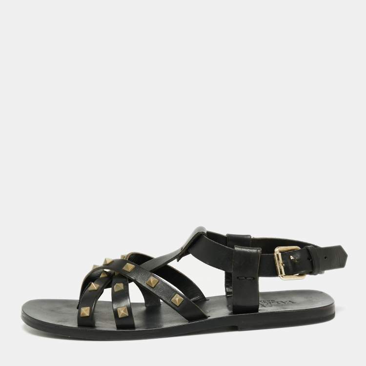 Pre Owned Valentino Black Leather Rockstud Strappy Flat Sandals Size 41