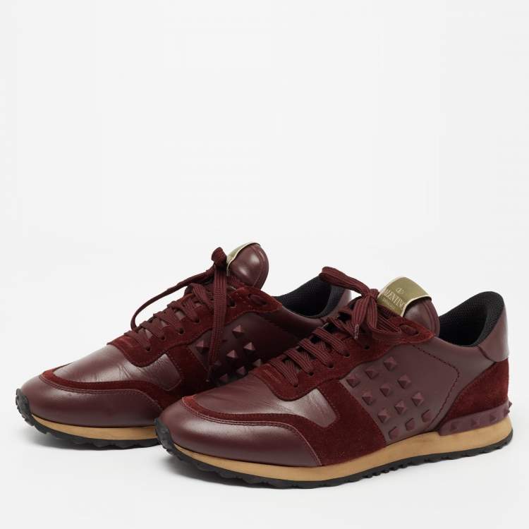 Pre Owned Valentino Burgundy Suede and Leather Rockrunner Low-Top Sneakers Size 41