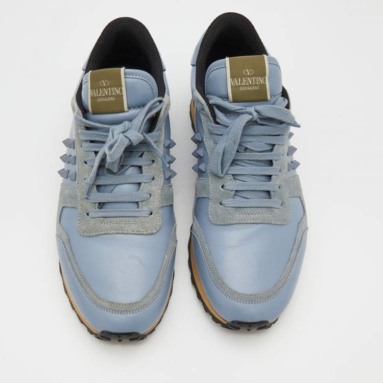Pre Owned Valentino Light Blue Suede And Leather Rockstud Low Top Sneakers Size 41
