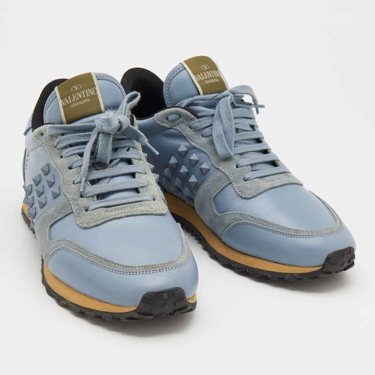 Pre Owned Valentino Light Blue Suede And Leather Rockstud Low Top Sneakers Size 41
