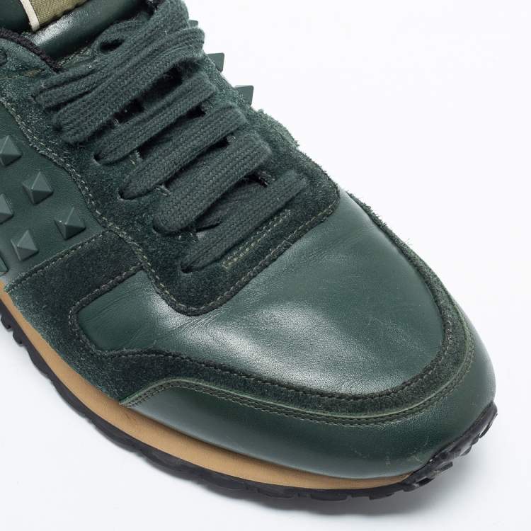 Pre Owned Valentino Green Leather and Suede Rockrunner Lace Up  Sneakers Size 42
