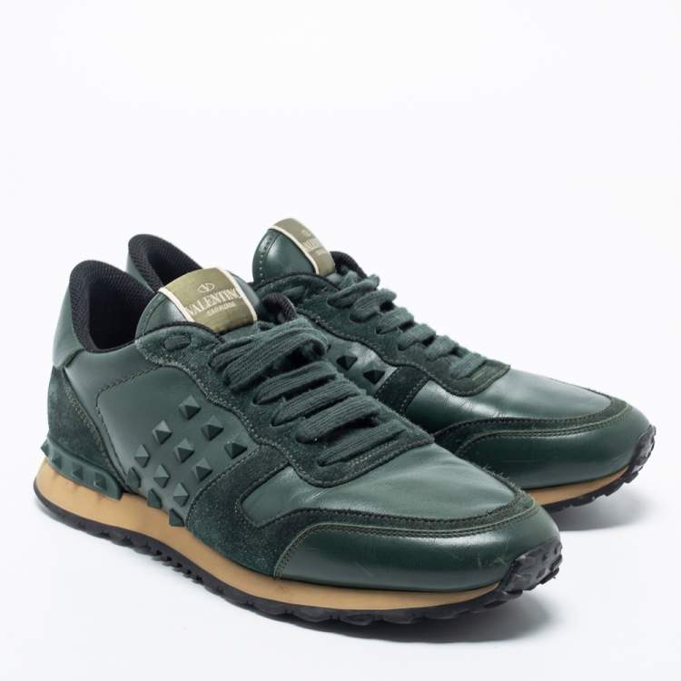Pre Owned Valentino Green Leather and Suede Rockrunner Lace Up  Sneakers Size 42