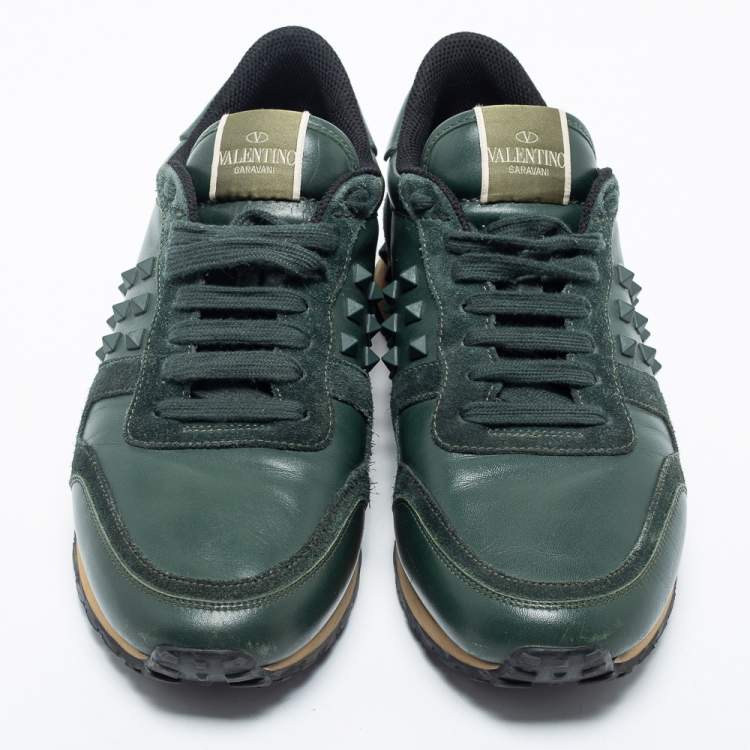Pre Owned Valentino Green Leather and Suede Rockrunner Lace Up  Sneakers Size 42
