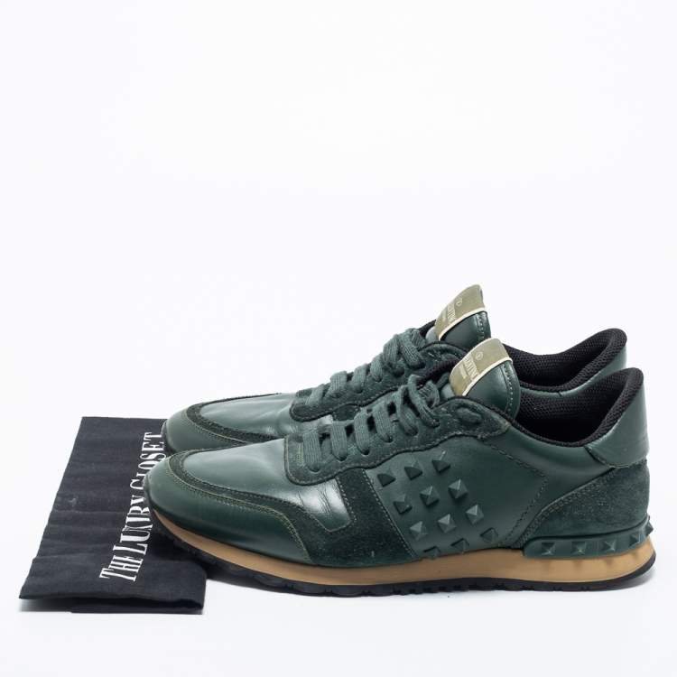 Pre Owned Valentino Green Leather and Suede Rockrunner Lace Up  Sneakers Size 42
