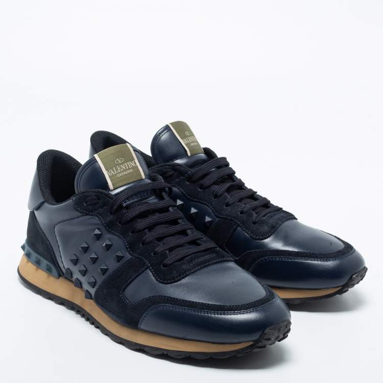 Pre Owned Valentino Navy Blue Suede And Leather Rockrunner Sneakers Size 45.5