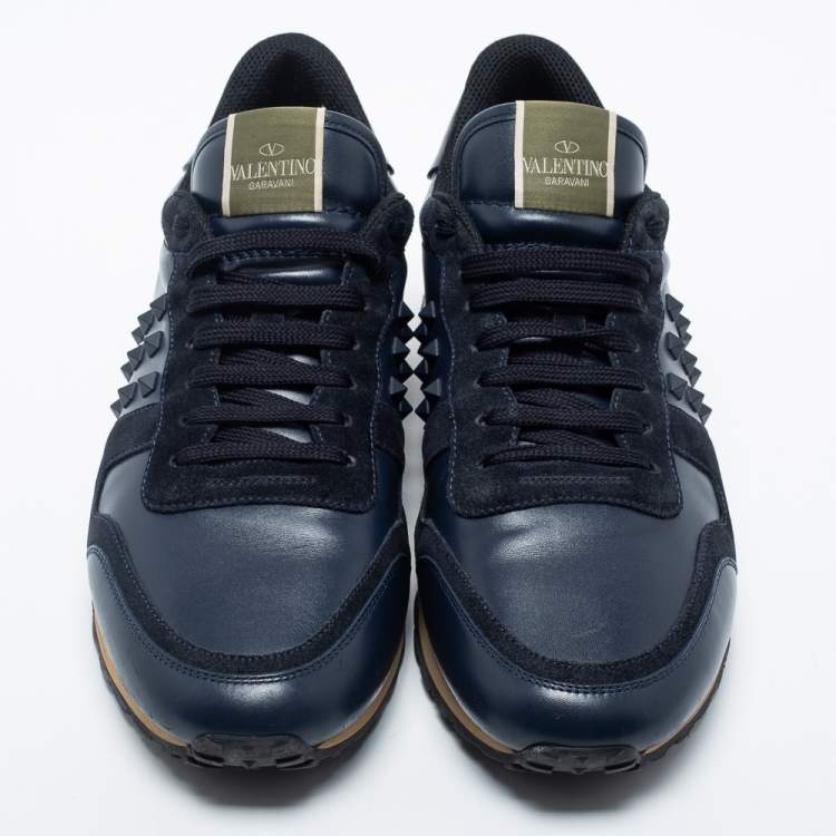 Pre Owned Valentino Navy Blue Suede And Leather Rockrunner Sneakers Size 45.5