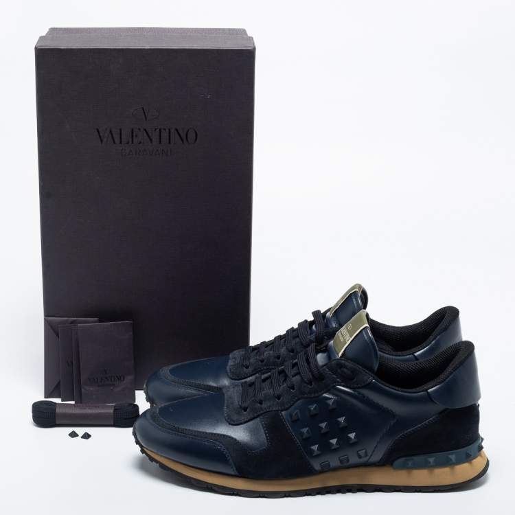 Pre Owned Valentino Navy Blue Suede And Leather Rockrunner Sneakers Size 45.5