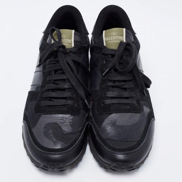Pre Owned Valentino Black Camouflage Print Leather, Canvas and Suede Rockrunner Low-Top Sneakers Size 40