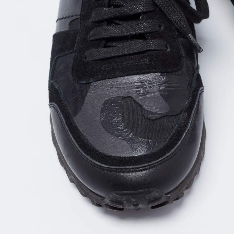 Pre Owned Valentino Black Camouflage Print Leather, Canvas and Suede Rockrunner Low-Top Sneakers Size 40