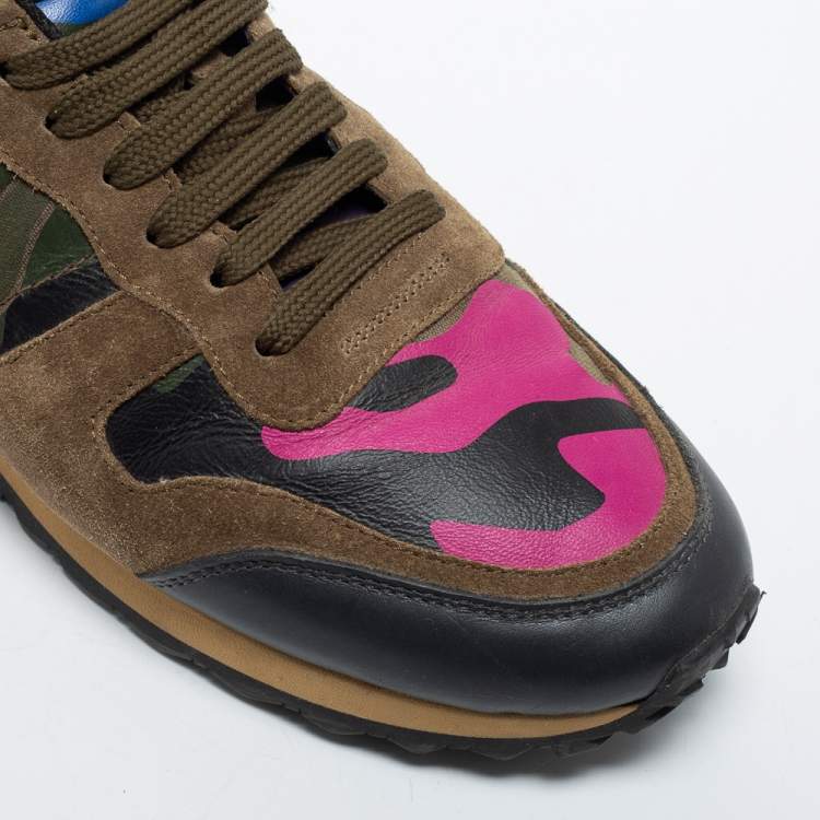 Pre Owned Valentino Multicolor Comflouge Print Leather and Suede Rockrunner Sneakers Size 41