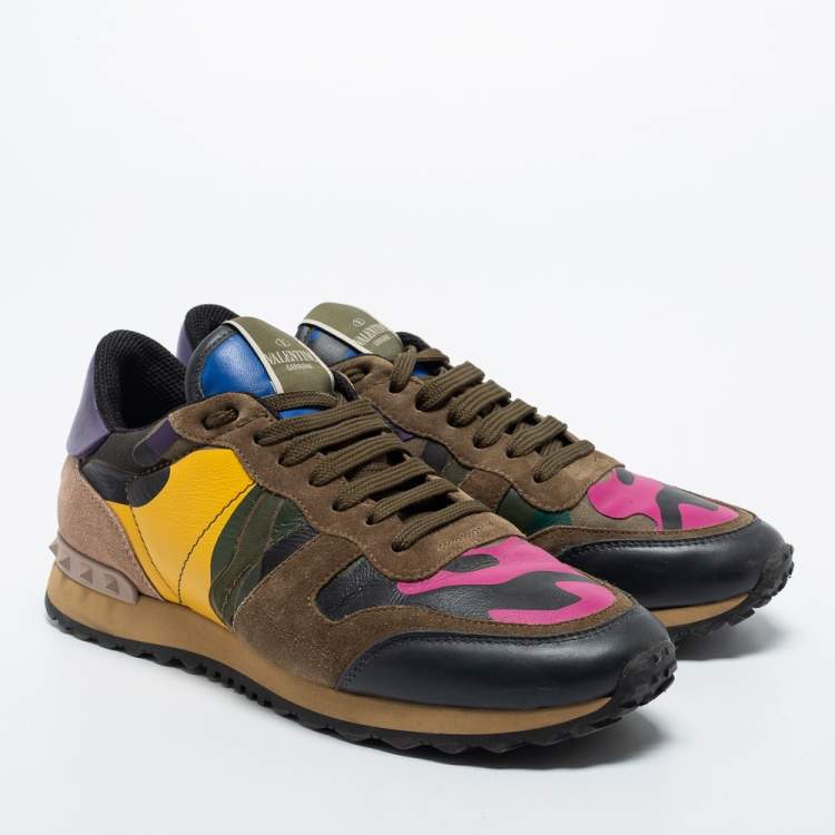 Pre Owned Valentino Multicolor Comflouge Print Leather and Suede Rockrunner Sneakers Size 41