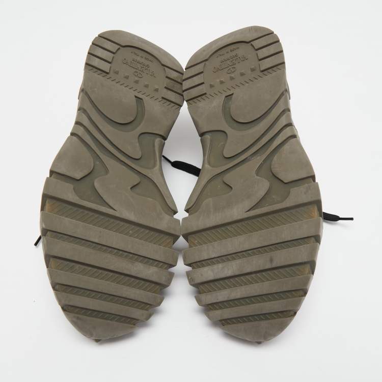 Pre Owned Valentino Black/Olive Green Camo Print Canvas, Leather and Suede Rockrunner Plus Sneakers Size 42.5