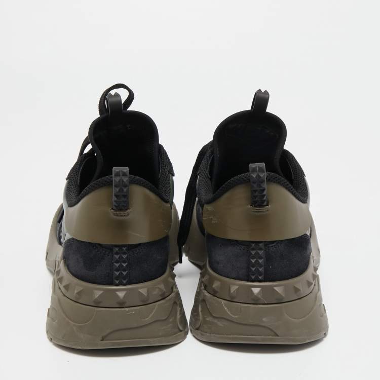 Pre Owned Valentino Black/Olive Green Camo Print Canvas, Leather and Suede Rockrunner Plus Sneakers Size 42.5