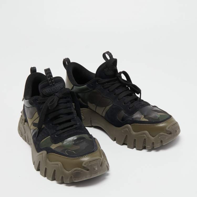 Pre Owned Valentino Black/Olive Green Camo Print Canvas, Leather and Suede Rockrunner Plus Sneakers Size 42.5