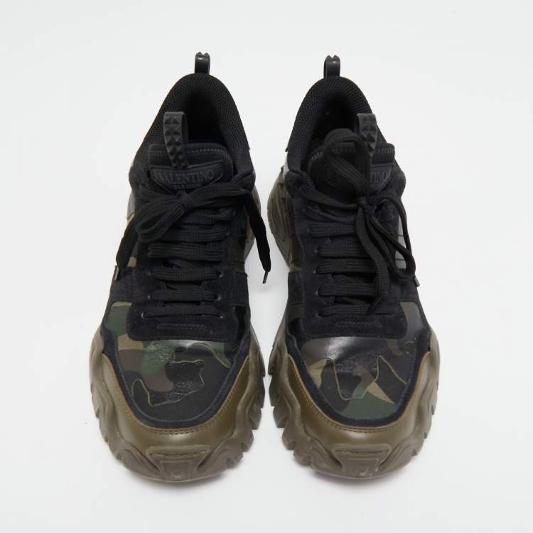 Pre Owned Valentino Black/Olive Green Camo Print Canvas, Leather and Suede Rockrunner Plus Sneakers Size 42.5