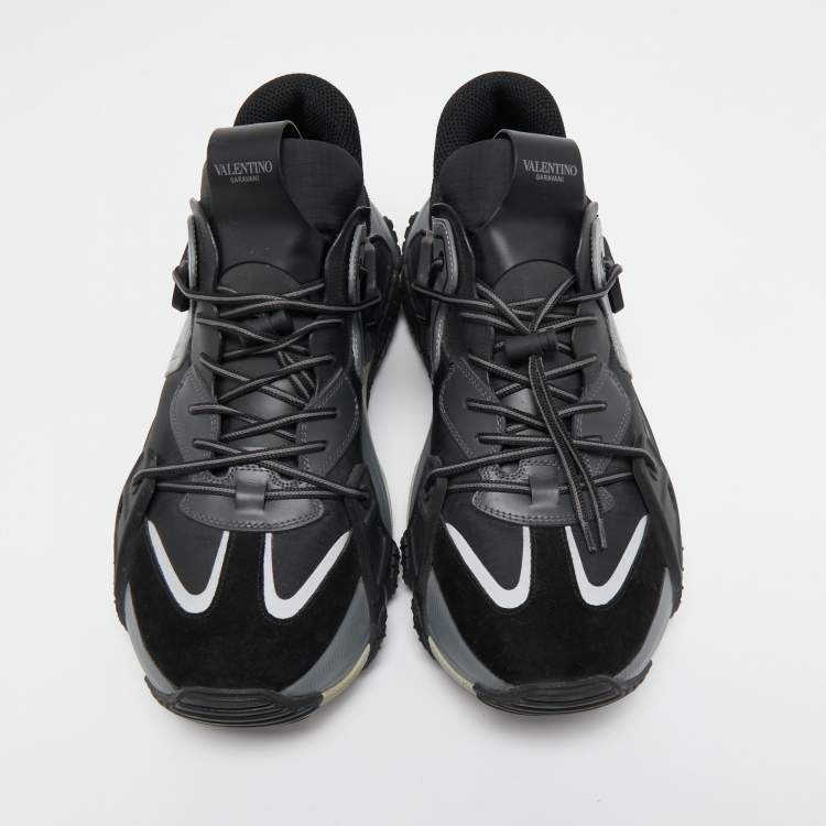 Pre Owned Valentino Black/Grey Leather, Suede and Fabric VLTN Wod Sneakers Size 44