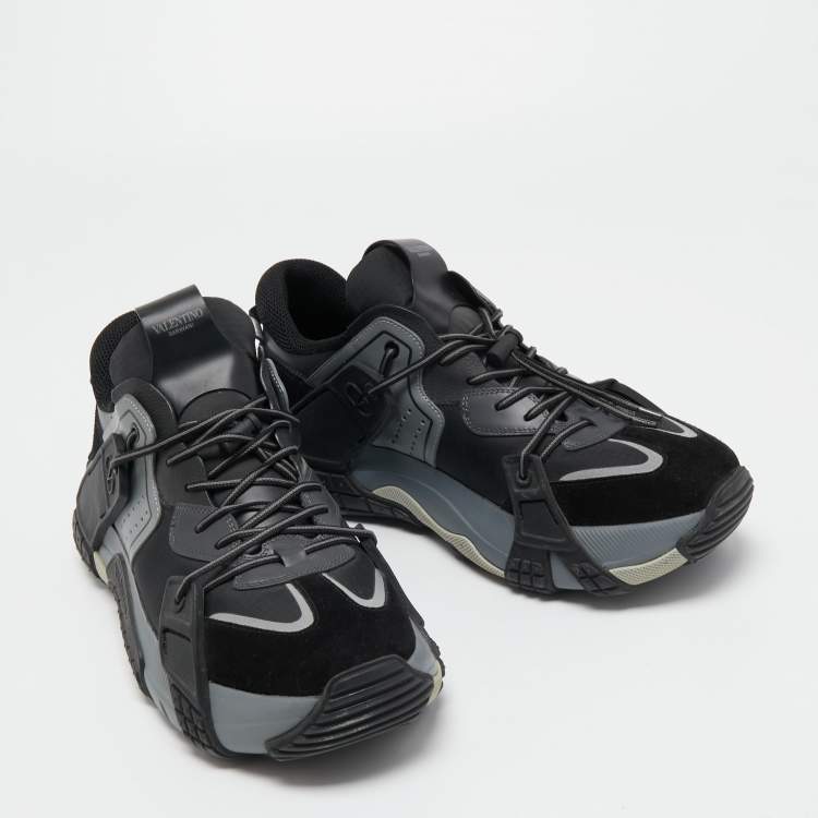 Pre Owned Valentino Black/Grey Leather, Suede and Fabric VLTN Wod Sneakers Size 44