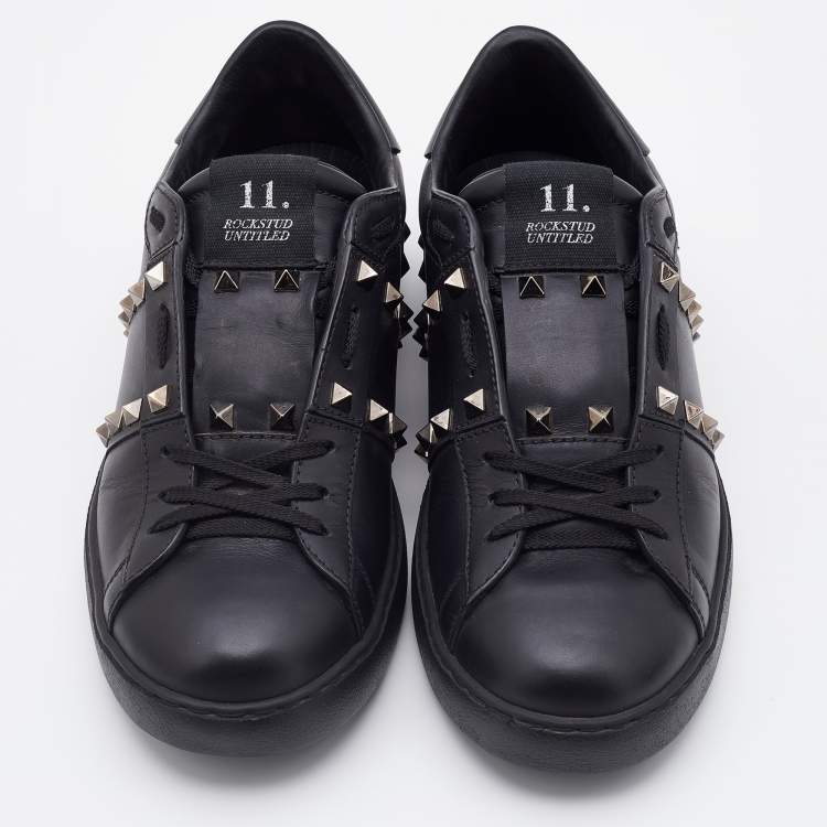 Pre Owned Valentino Black Leather Rockstud Untitled Low Top Sneakers Size 39.5