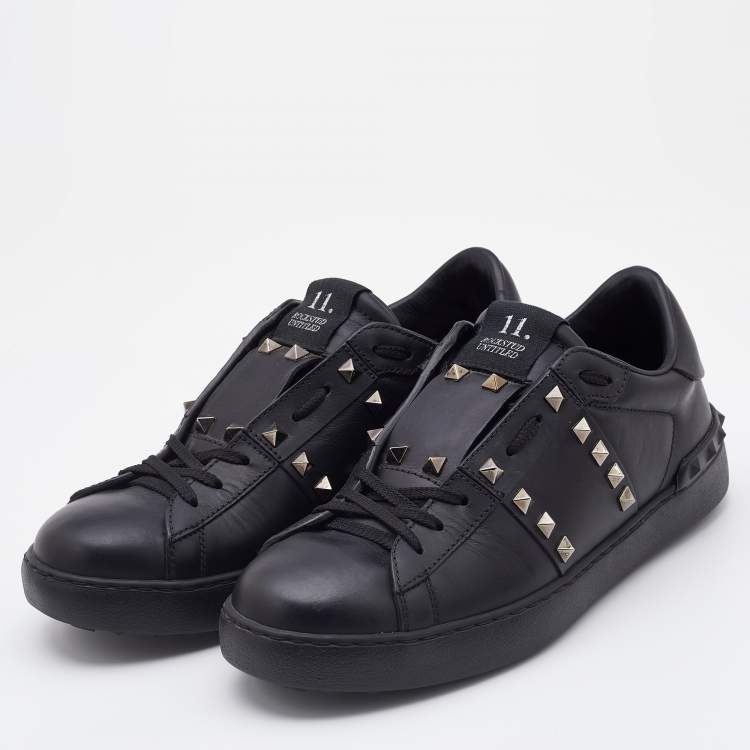 Pre Owned Valentino Black Leather Rockstud Untitled Low Top Sneakers Size 39.5